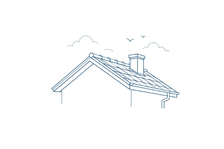 Telhado inclinado com acessórios de ventilação, impermeabilização, drenagem e proteção da cobertura.